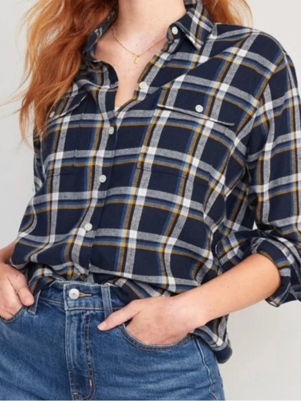 OLD NAVY I NWT Flannel Boyfriend Tunic Shirt, Navy Plaid - Picture 1 of 7